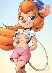 2021 anthro anthrofied bottomwear braless breasts camel_toe chip_'n_dale_rescue_rangers clothing disney eyewear female furry gadget_hackwrench goggles hi_res mammal mouse murid murine mysticalpha nipples pink_bottomwear pink_clothing pink_shorts rodent shorts solo upshirt