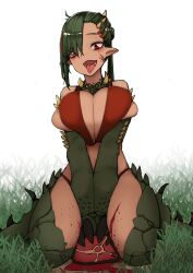 big_breasts breast_squeeze cleavage deviljho female humanized kopokapo miao_yao_cha monster_girl monster_hunter sharp_teeth tagme tongue_out