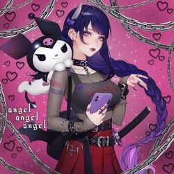 bandaid belt big_breasts black_nail_polish bodystocking bracelet braid breasts chains choker cleavage crop_top ear_piercing female female_only fully_clothed genshin_impact goth goth_girl hair_ribbon heart heart_choker knife lavelis lipstick makeup nail_polish nails pale-skinned_female pubic_hair purple_hair raiden_shogun ring see-through see-through_clothing skirt skull spiked_bracelet sword