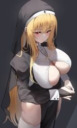 blonde_hair blush cleavage curvy female huge_breasts indoor k_pring long_hair looking_at_viewer nun nun's_habit original original_character skimpy_clothes thick_thighs