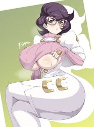 1girls alternate_breast_size big_breasts breasts cero_rains earrings eye_contact female_focus female_only game_freak glasses green_eyes huge_breasts looking_at_viewer nintendo pokemon pokemon_sm purple_hair short_hair solo thick_thighs wicke_(pokemon)