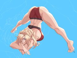 1girls ass_up blonde_hair blue_eyes clothed crossed_arms female female_only fit_female hair_over_one_eye jack-o_pose looking_at_viewer original original_character r62 smile solo sports_bra spread_legs workout_clothes