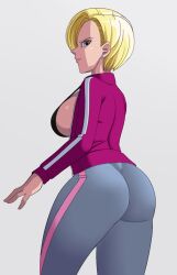 1girls android_18 ass big_ass big_breasts blonde_hair blue_eyes breasts donchibi dragon_ball dragon_ball_super dragon_ball_z female female_focus female_only jacket leggings mature_female milf open_clothes open_jacket short_hair sideboob solo standing thick_thighs tight_clothing tight_pants track_jacket track_pants track_suit