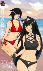 2girls artist_logo beach bikini black_hair blake_belladonna cat_ears female new_age_fan_arts red_hair ruby_rose rwby silver_eyes