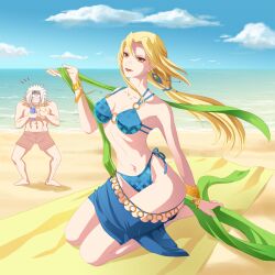 1boy 1girls beach beach_towel big_breasts bikini blank_eyes blonde_hair bracelet breasts brown_eyes curvaceous female_focus holding_clothing holding_object jiraiya male/female midriff naruto naruto_(series) naruto_shippuden ocean on_knees outdoors pervert precia-t scarf shore shorts skirt sunscreen swimsuit tied_hair towel tsunade water white_hair wide_hips