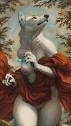 2022 5_fingers anthro areola breasts brown_eyes canid canine canis claws day detailed_background digital_media_(artwork) eyebrows eyelashes female fingers fur genitals hi_res jewelry lostgoose mammal necklace nipples outside pussy solo standing white_body white_fur wolf