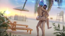 3d ass beach bikini blush breasts carrying darbernsfw fortnite fortnite:_battle_royale half_naked halley_(fortnite) holding leelah_(fortnite) looking_at_partner naked panties sand sunset yuri