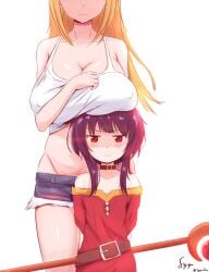 blonde_hair breast_envy breasts_on_head brown_hair darkness_(konosuba) height_difference huge_breasts kono_subarashii_sekai_ni_shukufuku_wo! megumin nipple_bulge pout red_eyes slq tank_top