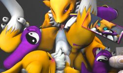 <3_eyes anthro bandai_namco bodily_fluids digimon digimon_(species) duo ejaculation female female/female genital_fluids heart hi_res lying nocturnalfuzz on_back oral pussy_ejaculation pussy_juice renamon