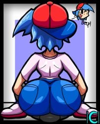 1boy alternate_version_available anon ass big_ass big_butt blue_hair blue_pants boyfriend_(friday_night_funkin) butt facesitting fat_ass fat_butt femboy femboyfriend friday_night_funkin huge_ass huge_butt iclankeri large_ass male male_only newgrounds smiley_face text thick_ass thick_butt thin_waist white_shirt