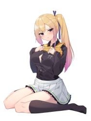 1girls blonde_hair blushing kawakami_mai musaigen_no_phantom_world pink_highlights ponytail thighhighs