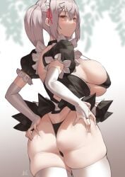 1girls 2022 alternate_hairstyle ass ass_focus breasts fate/grand_order fate_(series) female female_only florence_nightingale_(fate) hips huge_ass huge_breasts light_blush long_gloves maid maid_bikini maid_headdress maid_outfit maid_uniform pale-skinned_female pale_skin pink_hair red_eyes short_hair short_skirt side_ponytail sideboob simple_background skindentation skirt slim_waist thick_thighs thighhighs thighs uo_denim wide_hips