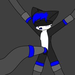 anthro black_body black_fur blue_hair blue_mouth blue_penis blush bondage bound canid canine canis closed_eyes dcat07 forced fur genitals hair hands_tied hi_res legs_tied machine male mammal milking_machine penis penis_milking rape solo spread_arms spread_legs spreading tentacle wolf