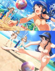 2girls 3girls ball beach beach_volleyball breasts collage completely_nude happy idolmaster idolmaster_cinderella_girls idolmaster_million_live! jumping kousaka_umi multiple_girls nipples nude nude_filter ocean pussy sand sky smile spread_legs takayama_sayoko third-party_edit tokoro_megumi uncensored visor_cap volleyball volleyball_net