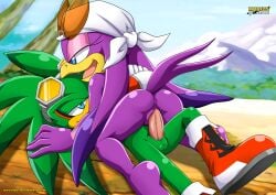 1boy 1girls anthro avian balls bbmbbf blue_eyes cowgirl_position cum female furry gloves green_body jet_the_hawk jetave male mobius_unleashed palcomix penis romantic romantic_couple sega shoes sonic_(series) vaginal_penetration wave_the_swallow