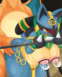 2022 absurd_res anthro big_breasts blush bodily_fluids breasts charizard clothing digital_media_(artwork) duo faceless_character faceless_male female female_lucario fingers hi_res lactating lucario machine male male/female milking_machine nintendo pokemon pokemon_(species) pokemon_unite ruins_style_lucario sex shortstack sweat type video_games wings