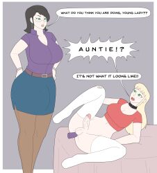 2futas age_difference anal_insertion anal_sex athorment aunt aunt_and_niece balisk_oc big_breasts black_hair blonde_hair bottomless bulge cameltail caption caught caught_in_the_act caught_masturbating choker cleavage clothed clothing dani_(balisk) dani_(balisk)_(futa) dani_(balisk)_(milf) duo erection fully_clothed futa_only futa_with_futa futanari futanari/futanari glasses green_eyes hands_on_hips human imminent_sex implied_masturbation intersex intersex/intersex intersex_only light-skinned_futanari light_skin linda_(linda97) milf mostly_nude niece pantyhose partially_clothed pencil_skirt penis sex_toy skirt small_penis tagme text thighhighs veiny_penis wide_hips