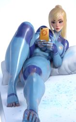 1girls 2022 barefoot big_breasts bimbo blonde_hair blue_eyes bodypaint breasts feet female female_only holding_object human large_breasts latex laying_down laying_on_bed light-skinned_female light_skin metroid nintendo nude painted_clothes phone ponytail popogori samus_aran selfie solo solo_female thick_thighs voluptuous