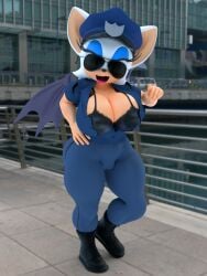 aviator_sunglasses big_breasts big_butt black_lingerie boots bra breasts cleavage_cutout costume exposed_underwear hourglass_figure lingerie mobian_(species) pointing_at_viewer police police_hat police_uniform policewoman rouge_the_bat sega shocking_(artist) sonic_(series) sonic_the_hedgehog_(series) sunglasses tinted_eyewear