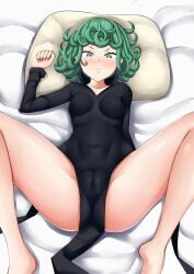 1girls bed blush breasts cameltoe female female_focus female_only green_eyes green_hair looking_down on_bed one-punch_man pillow renimilchstrase solo spread_legs tatsumaki thick_thighs