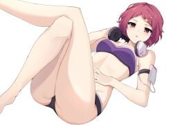 1girls crossed_legs headphones looking_at_viewer minase_koito musaigen_no_phantom_world red_hair short_hair