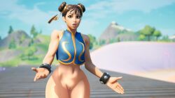 1girls 3d brown_eyes brown_hair capcom chun-li chun-li_(fortnite) female female_only fortnite kenergi shiny_skin solo street_fighter thick_ass thick_thighs