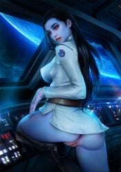 1girls admiral_ar'alani alien alien_girl ass ass_focus asshole athletic_female belt black_hair blue_body blue_skin boots bottomless bottomless_female chiss clothing demonlorddante female female_only footwear imperial_officer indoors looking_at_viewer looking_back looking_back_at_viewer military_uniform nipple_bulge partially_clothed pussy pussy_juice pussy_juice_drip realistic red_eyes science_fiction shirt shoes solo space spacecraft star_wars uniform wet_pussy