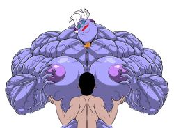 1boy1girl alternative_body_build big_breasts blue_skin breasts disney edit enjoying extreme_muscles female head_between_breasts male muscular_female prince_eric reddyheart size_difference squeezing_breasts the_little_mermaid ursula ursula_(the_little_mermaid)