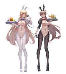 2girls absurdres alternate_costume animal_ears arm_up ass_visible_through_thighs azur_lane bangs black_footwear black_gloves black_legwear blonde_hair blue_bow blue_bowtie blush bow bowtie breasts brown_hair bunny_ears bunny_girl bunnysuit cleavage commentary_request earrings eyebrows_visible_through_hair fake_animal_ears gloves half_gloves high_heels highres holding holding_tray jean_bart_(azur_lane) jewelry large_breasts long_hair multiple_girls navel nipples pantyhose pussy rabbit_ears red_bow red_bowtie red_eyes reverse_bunnysuit richelieu_(azur_lane) strapless thigh_gap thighband_pantyhose tray v white_footwear white_legwear wrist_cuffs wsfw