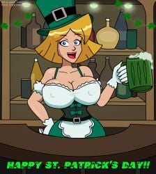 beer clover_(totally_spies) hand_on_hip huge_breasts looking_at_viewer nipple_bulge open_mouth saint_patricks_day totally_spies whale_warrior whalewarrior123z