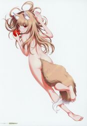 1girls animal_ears apple blush brown_hair completely_nude dakimakura female female_only full_body holo inner_ear_fluff kemonomimi koume_keito light_brown_hair long_hair nude oerba_yun_fang official_art on_stomach page_91 red_eyes smile soles solo spice_and_wolf tail wolf_ears wolf_girl wolf_tail