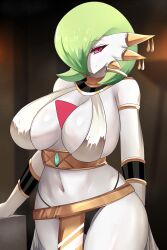 1girls 2022 anthro breasts chest_spike dancer_outfit female female_only gardevoir green_hair hair_over_one_eye harem_outfit hi_res hips huge_breasts indoors jewelry looking_at_viewer nintendo pokémon_(species) pokemon pokemon_(species) red_eyes revealing_clothes sana!rpg short_hair slim_waist smile thick_thighs thighs very_high_resolution white_body white_skin wide_hips