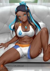 alternate_breast_size ariverkao black_hair blue_eyes blue_hair cleavage dark-skinned_female game_freak holding_leg large_breasts looking_at_viewer multicolored_hair necklace nessa_(pokemon) nintendo pokemon pokemon_ss swimsuit