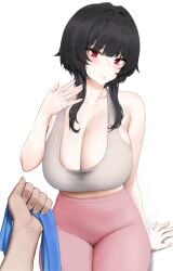 1boy 1girls bangs bare_arms bare_shoulders big_breasts black_hair blunt_bangs blush breasts cleavage fanning_self female female_focus head_tilt heat highres holding_towel huge_breasts large_breasts male mochirong mole_on_breast motion_lines original pink_pants pov red_eyes sidelocks simple_background sitting solo_focus sports_bra sweat sweat_stain towel wet wet_clothes white_background yoga_pants