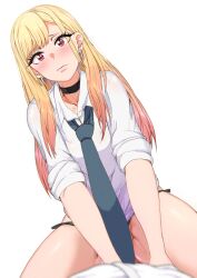 1boy 1girls blonde_hair blush choker earrings eye_contact female female_on_top gyaru implied_sex kitagawa_marin long_hair looking_at_viewer pov red_eyes school_uniform sikijou77o skj_77o sono_bisque_doll_wa_koi_wo_suru thick_thighs thong white_background