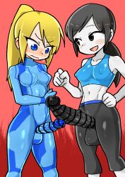 2futas blush censored chasocha crossover erection erection_under_clothes futa_only futanari metroid nintendo nipple_bulge samus_aran steam super_smash_bros. tagme veiny_penis wii_fit wii_fit_trainer