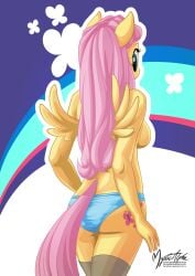 2016 anthro anthrofied ass blue_eyes breasts clothed clothing equine feathered_wings feathers female female_focus female_only fluttershy_(mlp) friendship_is_magic hasbro hi_res legwear looking_at_viewer looking_back mammal my_little_pony mysticalpha pegasus pink_hair rainbow rear_view side_boob solo stockings straight_hair thigh_highs thighs topless wing_boner wings yellow_feathers