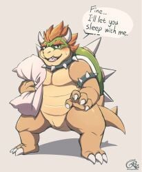 anal animal_genitalia anthro belly blush bodily_fluids bowser cloaca genitals hi_res horn koopa male male_only mario_(series) nintendo pillow risenpaw scalie simple_background slit solo sweat text tongue video_games