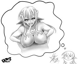 1boy 1boy1girl 1girls black_and_white blush breasts drooling duo eyes_closed eyes_open female greyscale hair hair_ornament lamia licking licking_penis licking_penis_tip long_tongue looking_at_viewer male male/female miia_(monster_musume) monochrome monster_girl monster_musume_no_iru_nichijou naga nipples paizuri penis penis_lick pillow shaded straight titfuck titjob tongue watermark wulfsenn