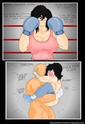 1boy 1girls abs bare_shoulders big_breasts big_thighs black_hair blue_boots blue_boxing_gloves blue_gloves blush boots boxing boxing_gloves boxing_match boxing_tape breasts captain_freeman cleavage defeated dialogue faceless_male female fighting footwear huge_breasts huge_thighs human human_only instant_loss large_breasts large_thighs light-skinned_female light-skinned_male light_skin male male_penetrating_female mini_comic muscle muscular naked nude open_mouth original original_character panels pink_eyes pink_tank_top ponytail tank_top thick thick_hips thick_thighs tied_hair wide_hips