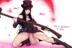 1boy 34-san asymmetrical_gloves balls bare_shoulders black_boots black_glove black_hair boots bottomless cravat crouching english english_dialogue english_text erection femboy foreskin girly goth guilty_gear guilty_gear_strive huge_balls huge_cock hung_trap long_black_hair long_hair male no_underwear penis red_eyes scythe skull_belt solo testament_(guilty_gear) uncut