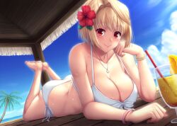 arcueid_brunestud barefoot big_breasts bikini blonde_hair blush cleavage detailed_background feet_up female female_only flower_in_hair jewelry looking_at_viewer miyai_sen necklace on_stomach outside red_eyes short_hair side-tie_bikini slit_pupils smile solo sweat swimsuit the_pose tsukihime type-moon wet_skin white_bikini