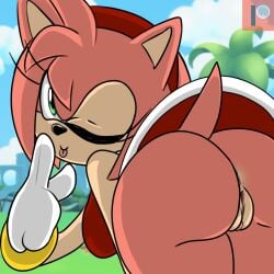 amy_rose anthro anus ass bottomless clothed clothing female fur furry furry_only genitals green_hill_zone hi_res looking_back no_panties pokachu_(artist) presenting presenting_anus presenting_hindquarters presenting_pussy pussy sega solo sonic_(series) sonic_the_hedgehog_(series) tail wink