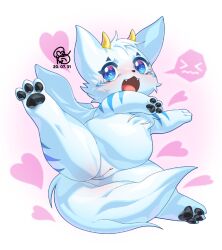 anthro blue_markings blush bodily_fluids clitoris embarrassed female fur furry furry_only genitals markings naked nude pawpads paws poroo-mi pussy slightly_chubby solo species_request tail tears white_body white_fur