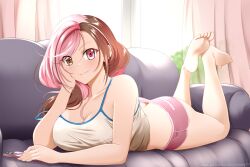 ass_cleavage big_ass big_breasts butt_crack colored_hair couch dat_ass heterochromia kimmy77 laying_on_stomach looking_at_viewer neo_(rwby) no_bra no_panties rwby short_shorts smiling_at_viewer tank_top thick_thighs