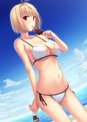 00s arcueid_brunestud beach bikini blonde_hair cleavage dutch_angle female female_only looking_at_viewer medium_breasts miyai_sen outside popsicle red_eyes short_hair side-tie_bikini slit_pupils solo swimsuit tongue_out tsukihime type-moon underboob wet_skin white_bikini