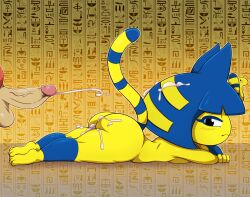 2022 animal_crossing ankha anthro bigdon1992 bodily_fluids cum cum_on_ass cum_on_hair cum_on_leg cum_on_legs cumshot digital_media_(artwork) domestic_cat duo felid feline felis female fur furry genital_fluids genitals hi_res lying male male/female mammal nintendo on_front penis solo_focus tail video_games villager_(animal_crossing)