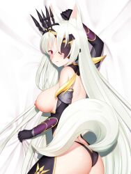 animal_ear_fluff animal_ears blush breasts breasts_out dakimakura_(medium) elbow_gloves female fox_ears fox_girl fox_tail gloves kaiser_(princess_connect!) long_hair medium_breasts mib000 nipples princess_connect! princess_connect!_re:dive red_eyes senri_mana senri_mana_(princess_connect!) solo tail very_long_hair