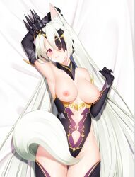 animal_ear_fluff animal_ears blush breasts breasts_out dakimakura_(medium) elbow_gloves female fox_ears fox_girl fox_tail gloves kaiser_(princess_connect!) long_hair medium_breasts mib000 nipples princess_connect! princess_connect!_re:dive red_eyes senri_mana senri_mana_(princess_connect!) solo tail very_long_hair