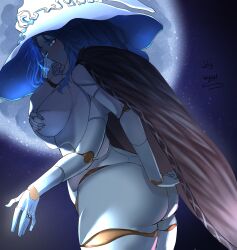 ass big_hat blue_eyes blue_hair blue_skin doll_joints elden_ring embarrassed engagement_ring female female_only fromsoftware huge_ass moon multi_arm multi_face multi_limb nyahpa20 one_eye_closed princess ranni_the_witch solo stars thick_thighs wife witch_hat